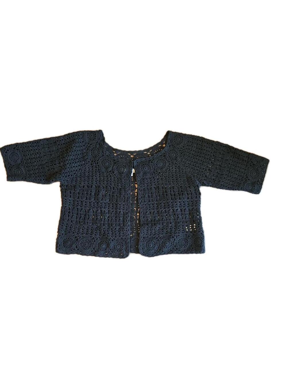 Crochet Boho crop Shawl Cottagecore Knit Blacm Large Attitudes By Renee Cotton